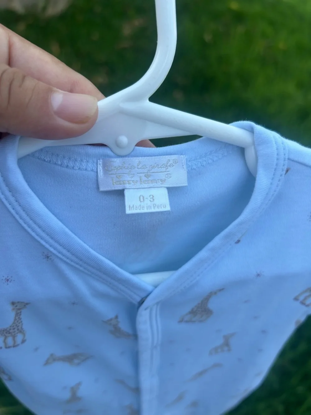 Kissy Kissy Sophie La girafe Light Blue Footed One-Piece with Tan Giraffe Print